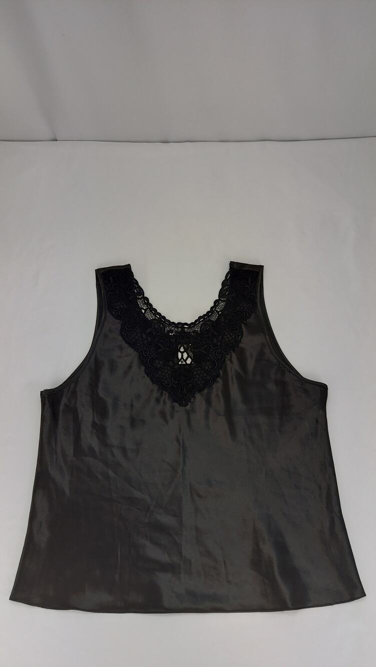 Vintage CINEMA ETOILE Cami Tank Top Sz L Black Satin w/ Lace Fairy Whimsygoth
